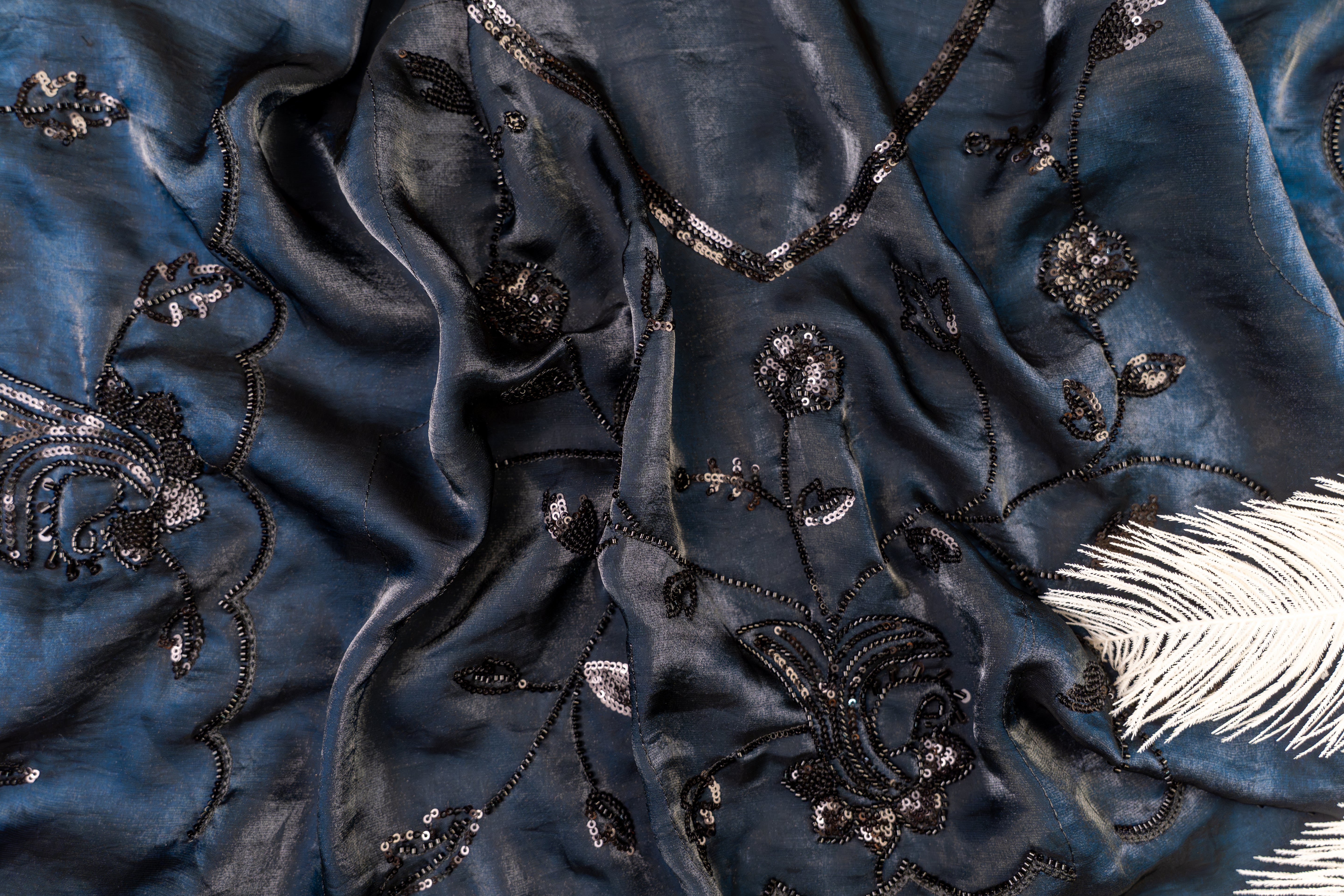 Midnight Blue Satin Organza Designer Saree