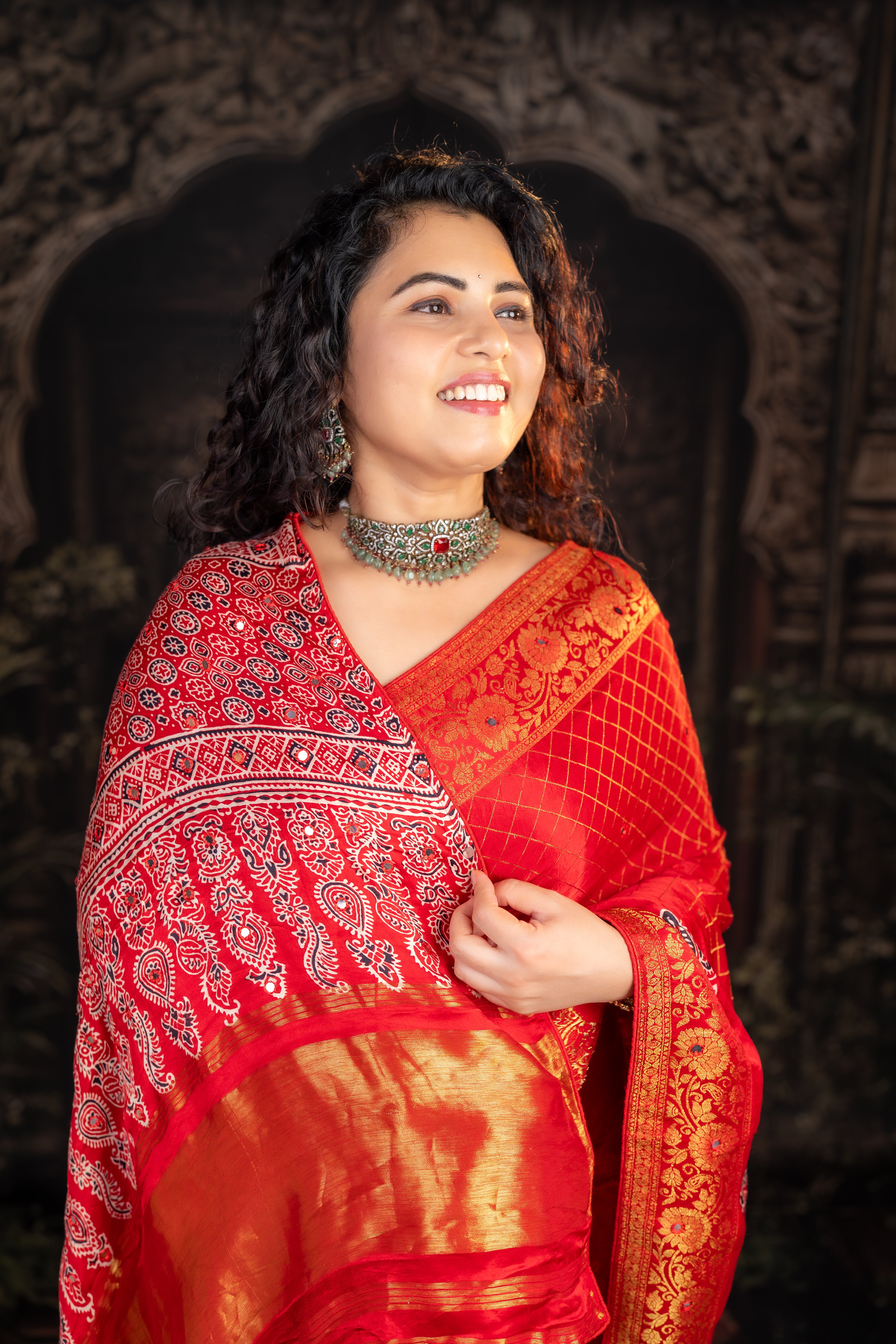 Ruby Ajrak – Pure Modal Satin Silk Saree