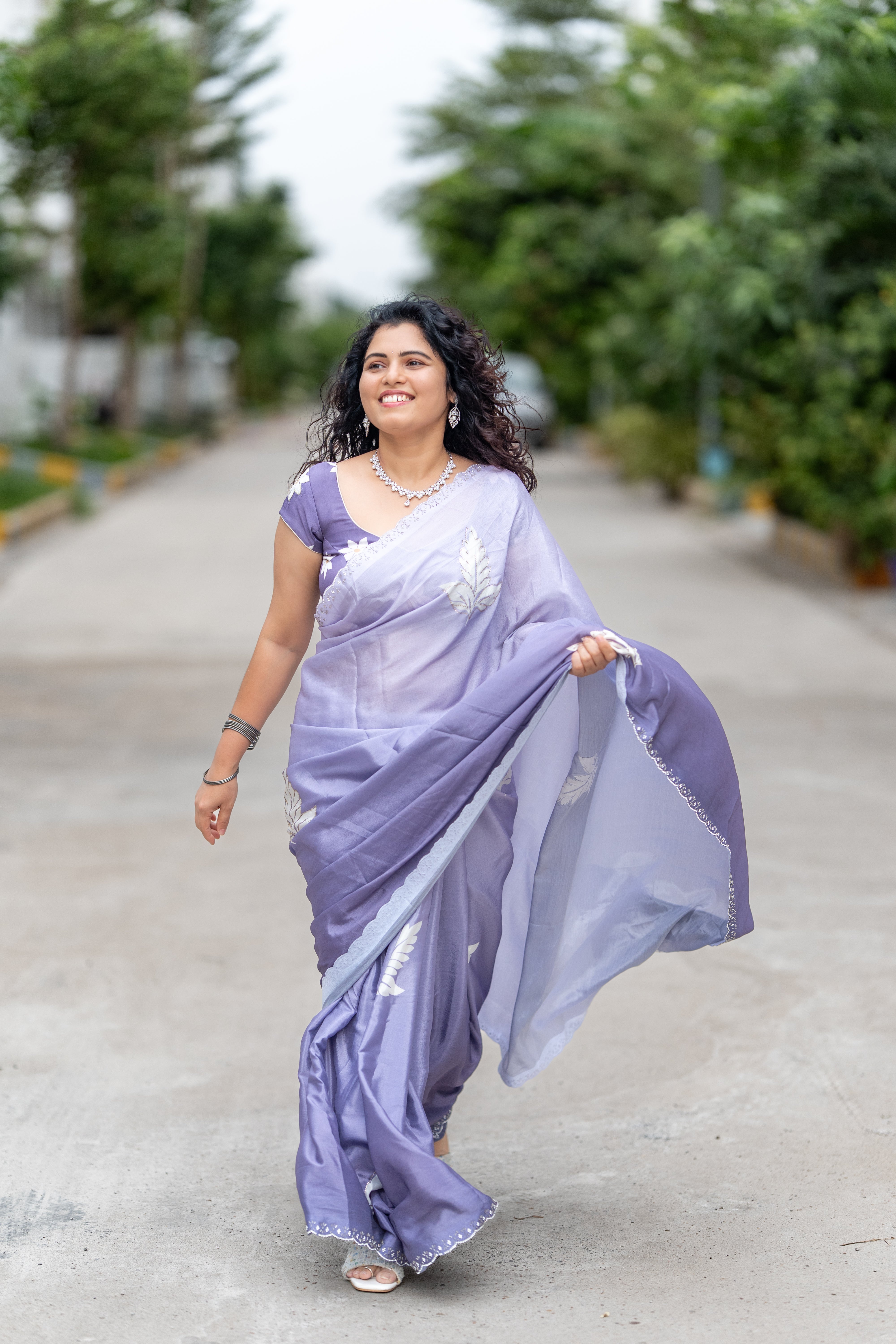 Lavender Mist – Printed Chinon Saree with Hand Tube & Diamond Work