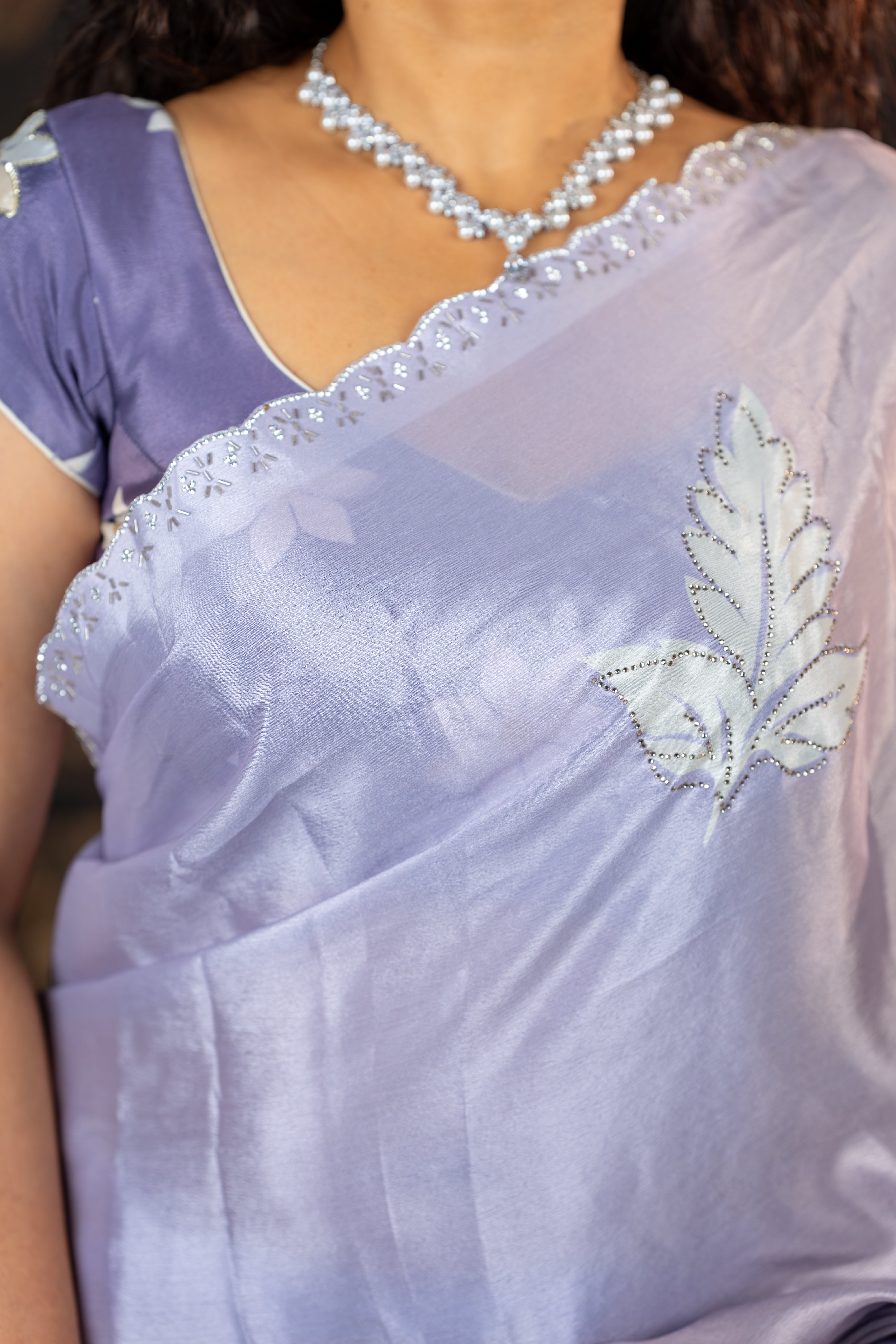 Lavender Mist – Printed Chinon Saree with Hand Tube & Diamond Work