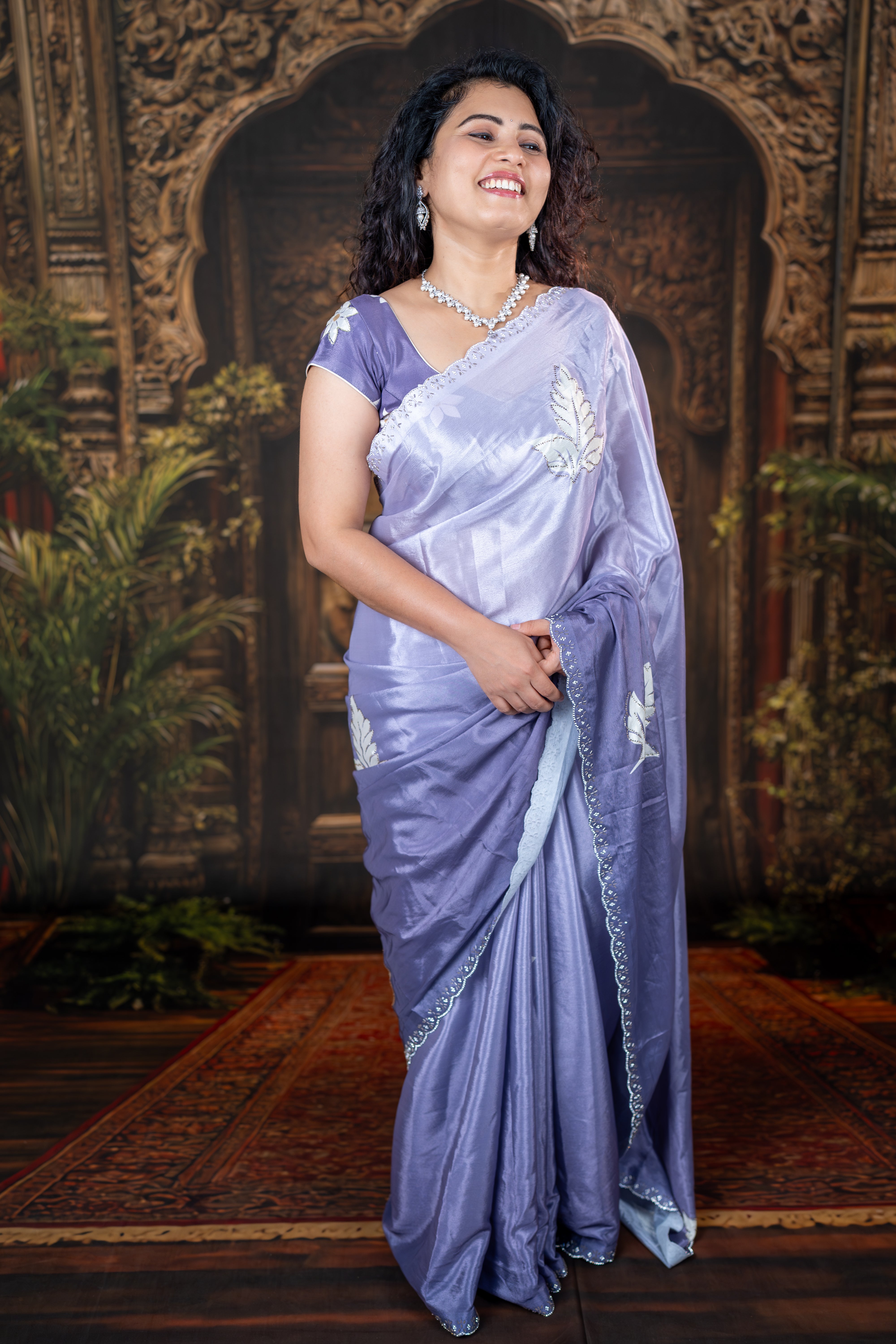 Lavender Mist – Printed Chinon Saree with Hand Tube & Diamond Work