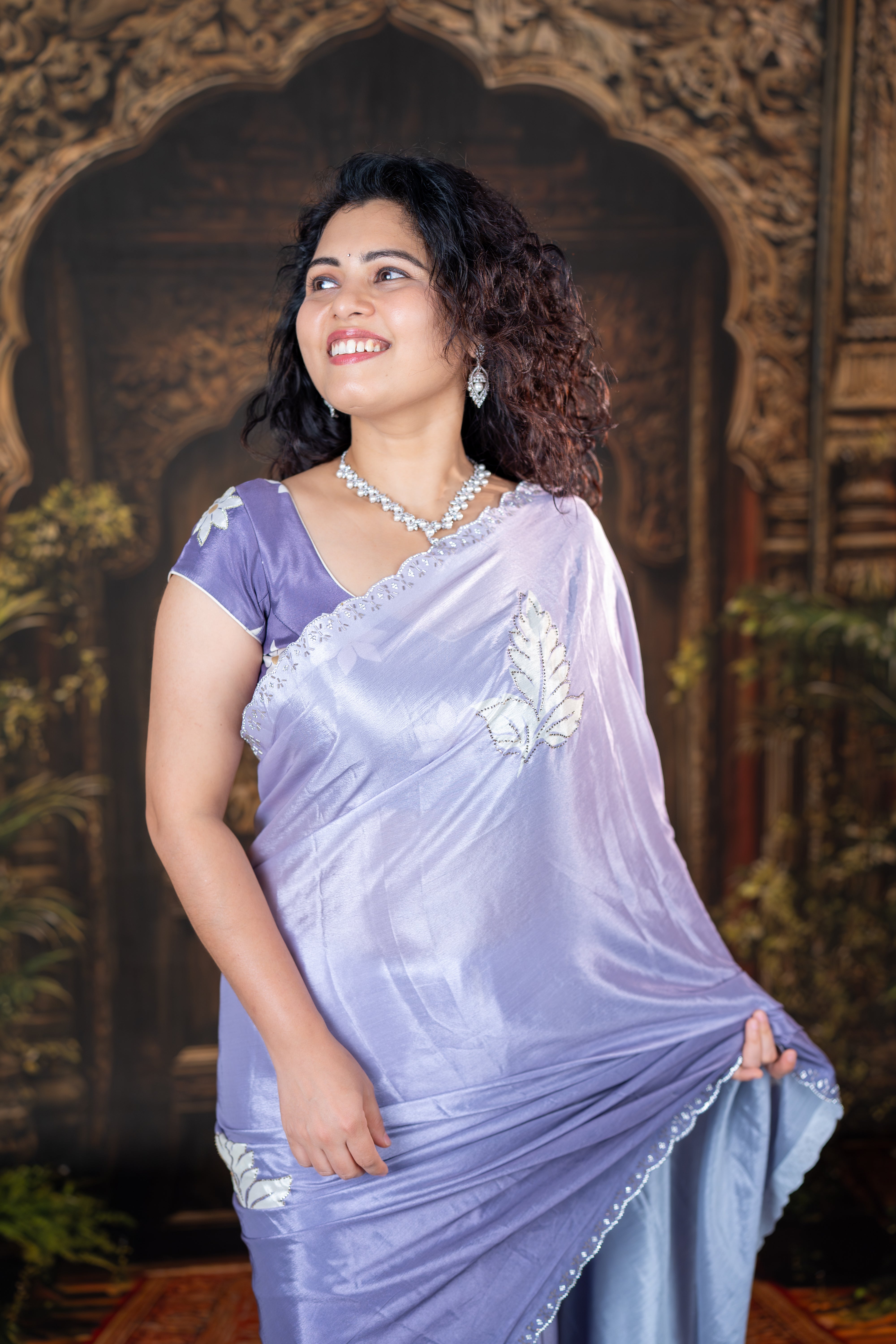 Lavender Mist – Printed Chinon Saree with Hand Tube & Diamond Work