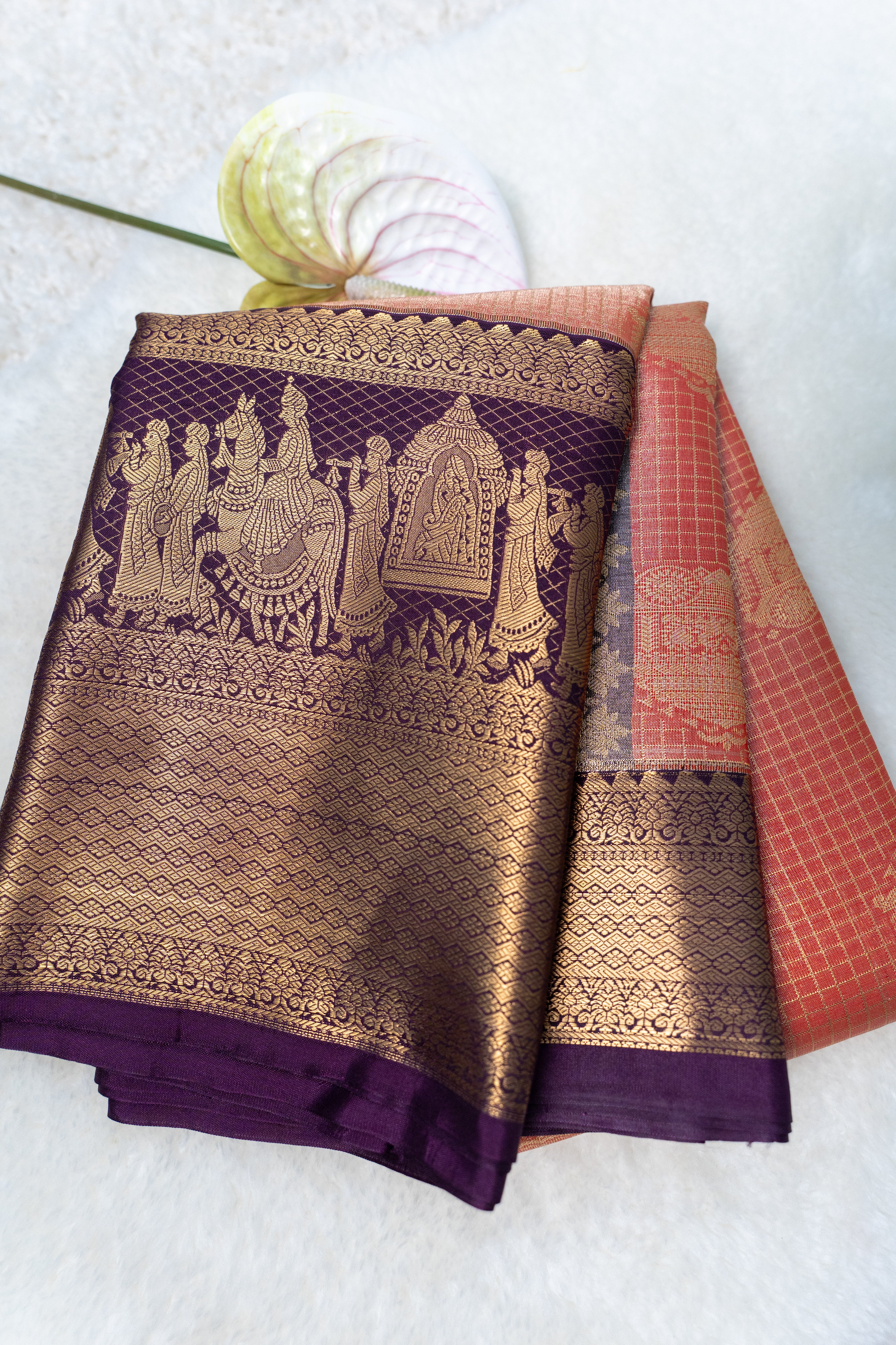 Premium Vintage Semi Kanchi Tissue Saree with Pallaki Border-Green