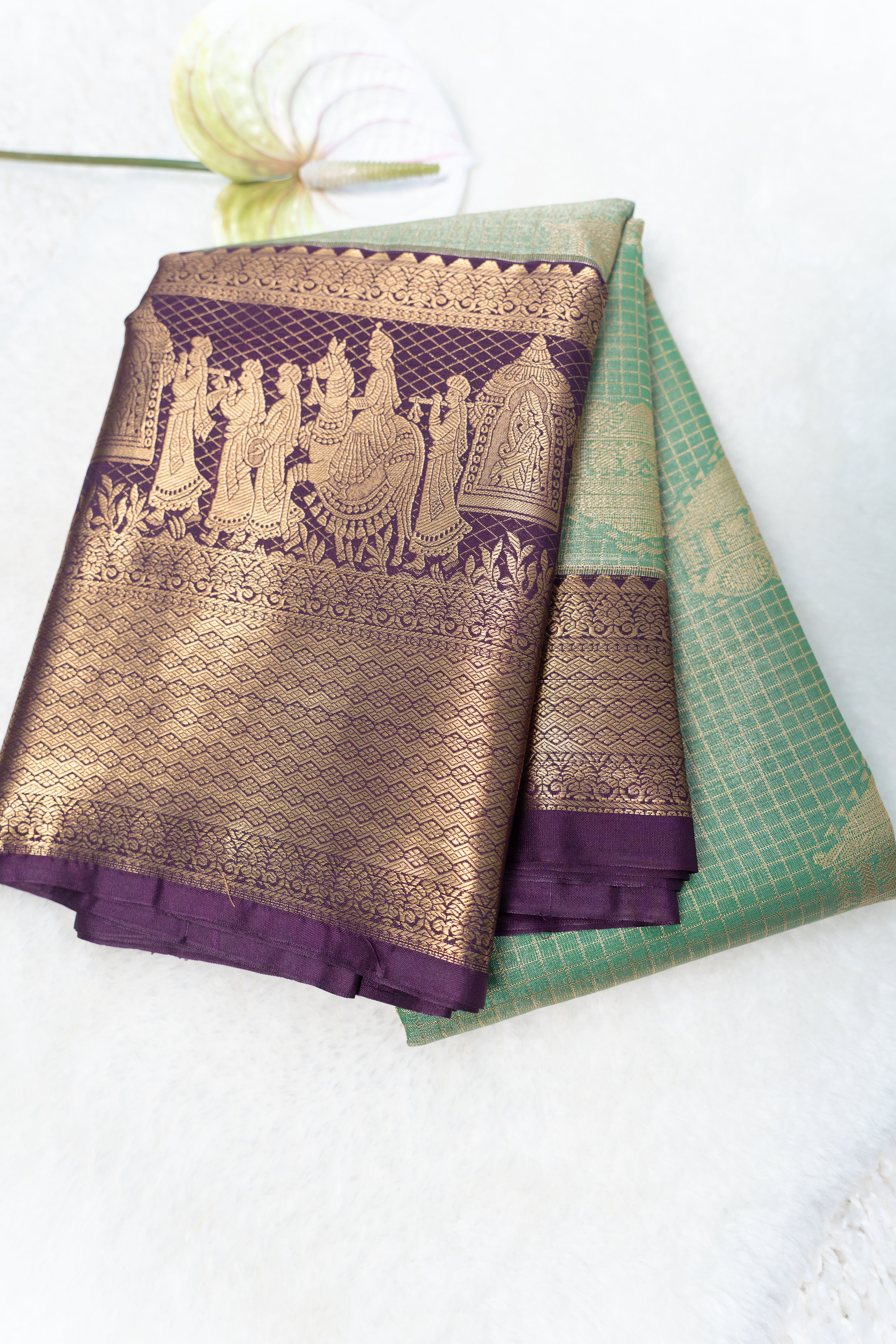 Premium Vintage Semi Kanchi Tissue Saree with Pallaki Border-Green