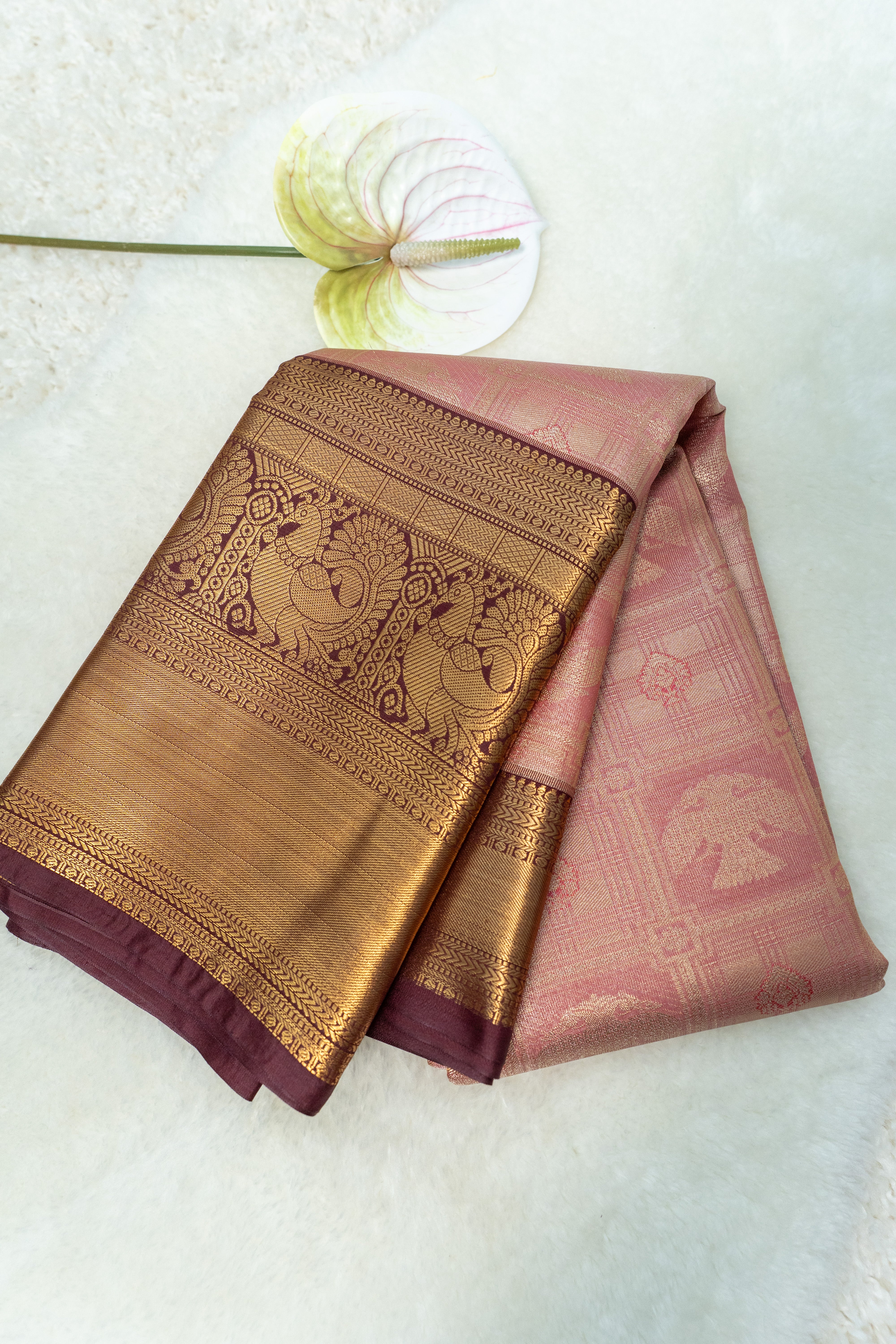 Premium Vintage Semi Kanchi Tissue Saree- Peacock Border