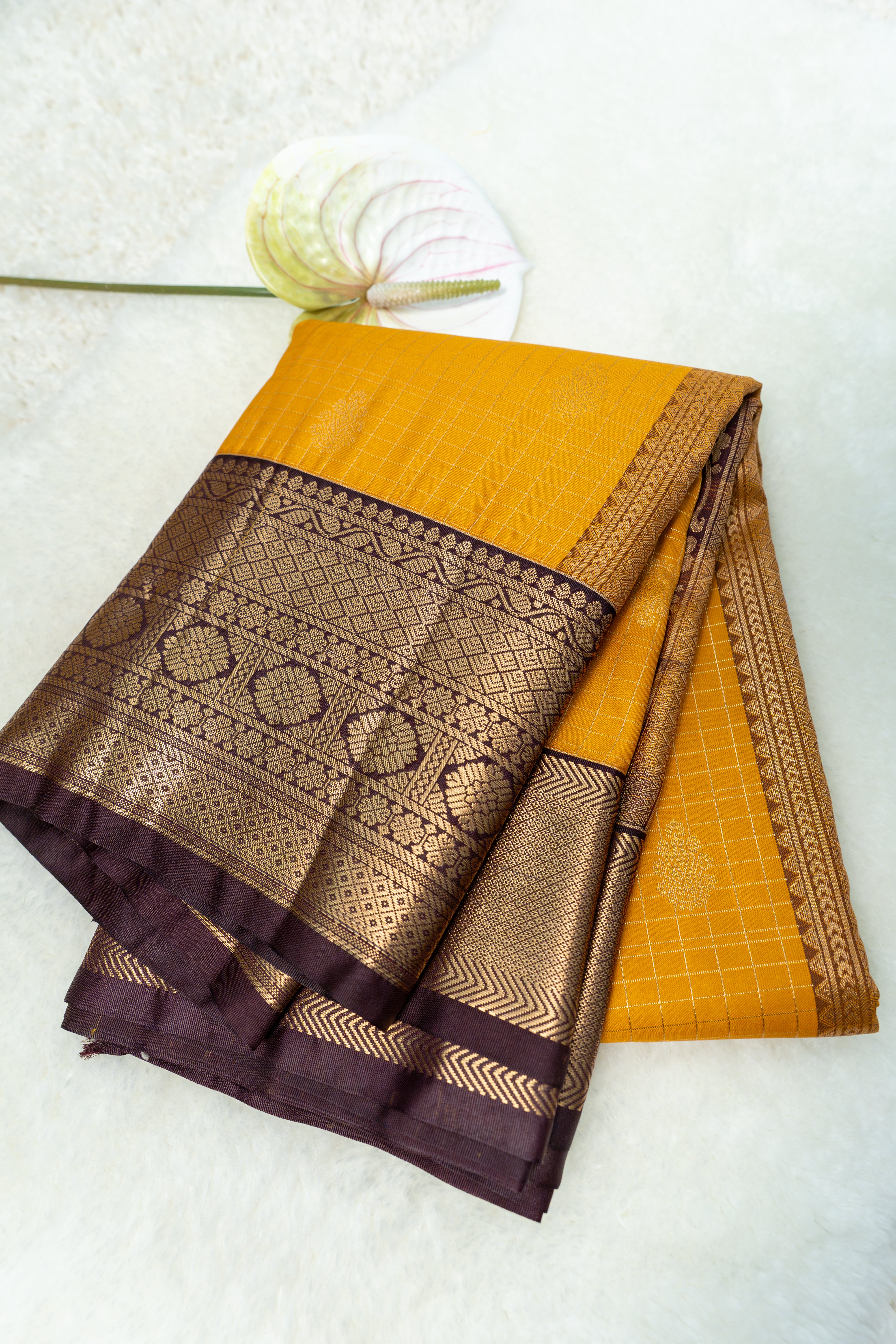 Vintage Handloom Half Pure Kanchipattu Saree - Mustard Yellow