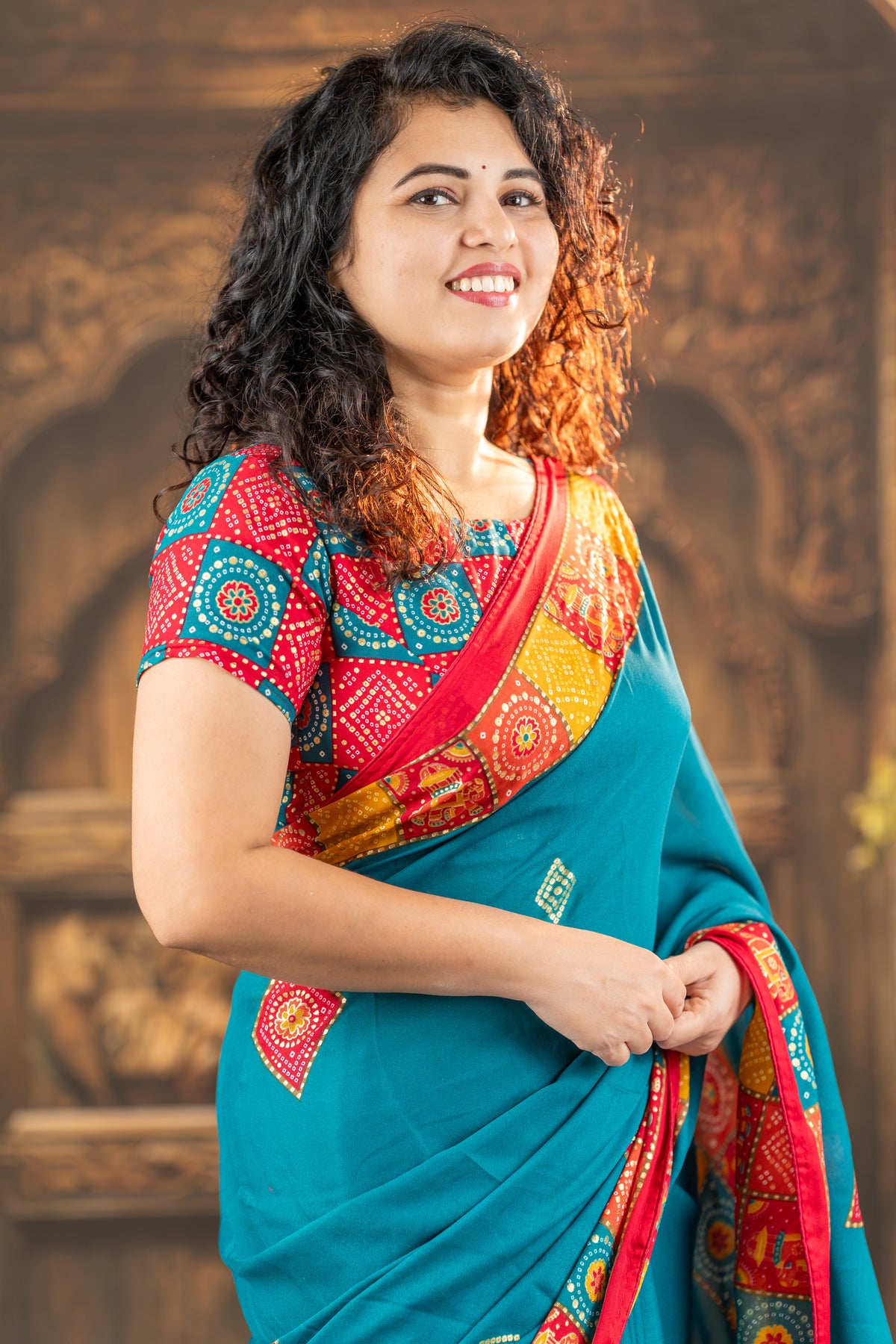 Teal Bandhani-Inspired Printed Silk Saree
