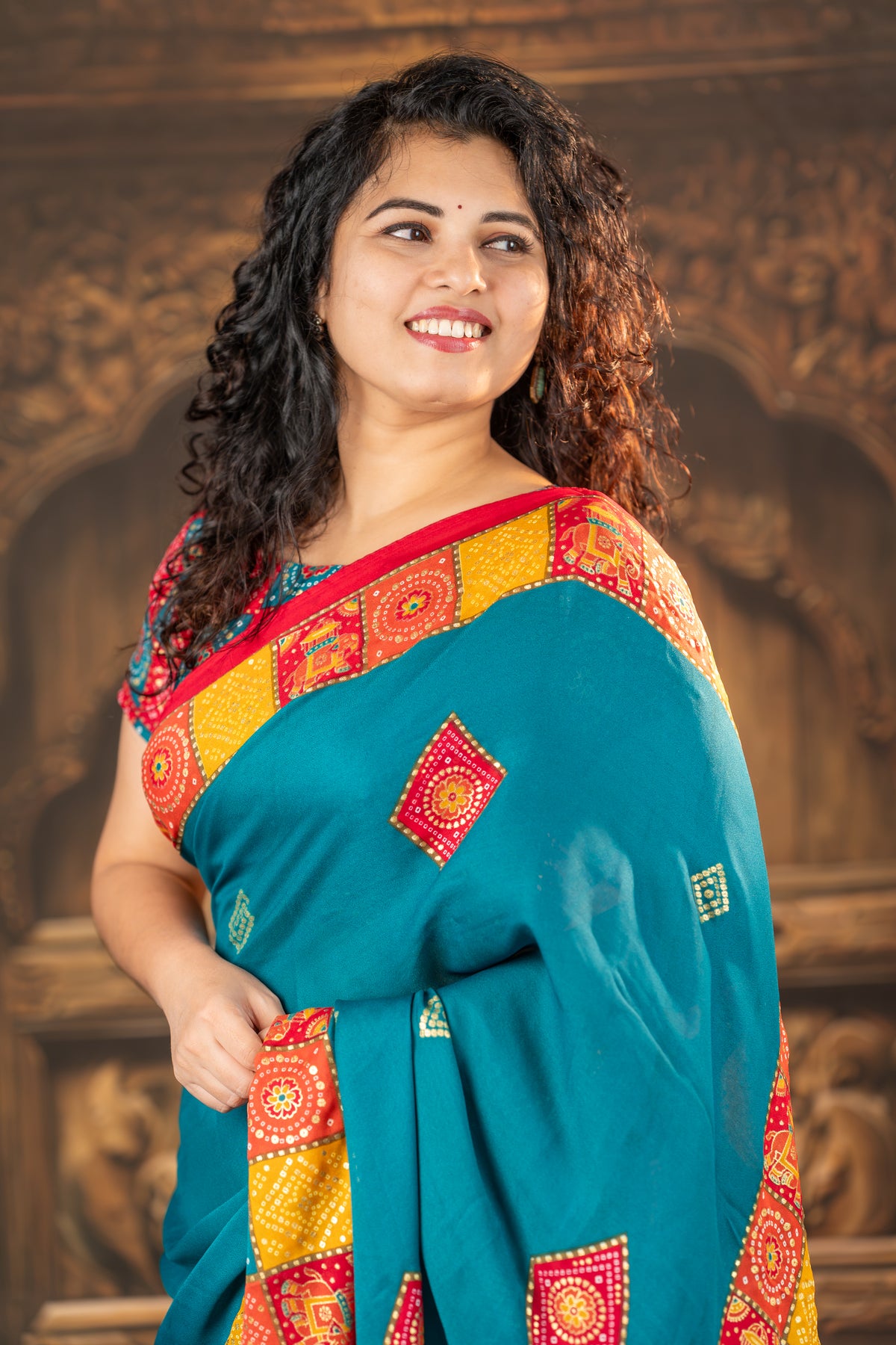 Teal Bandhani-Inspired Printed Silk Saree
