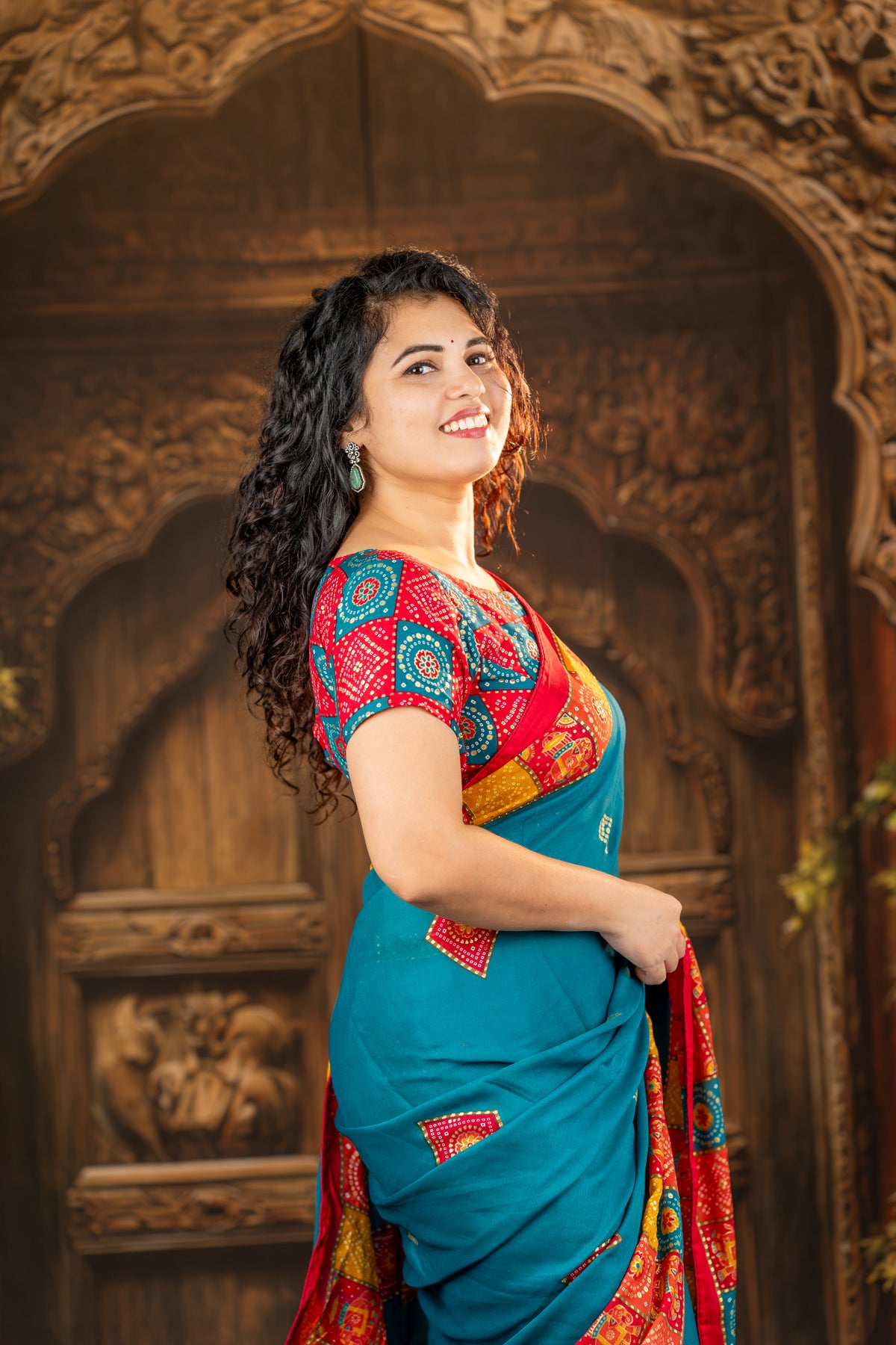 Teal Bandhani-Inspired Printed Silk Saree