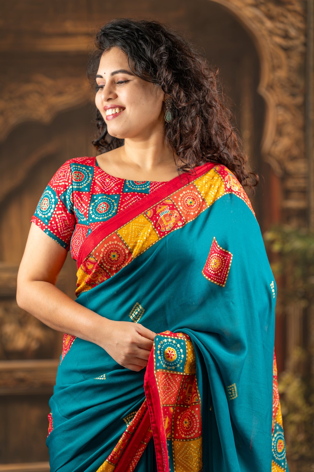 Teal Bandhani-Inspired Printed Silk Saree