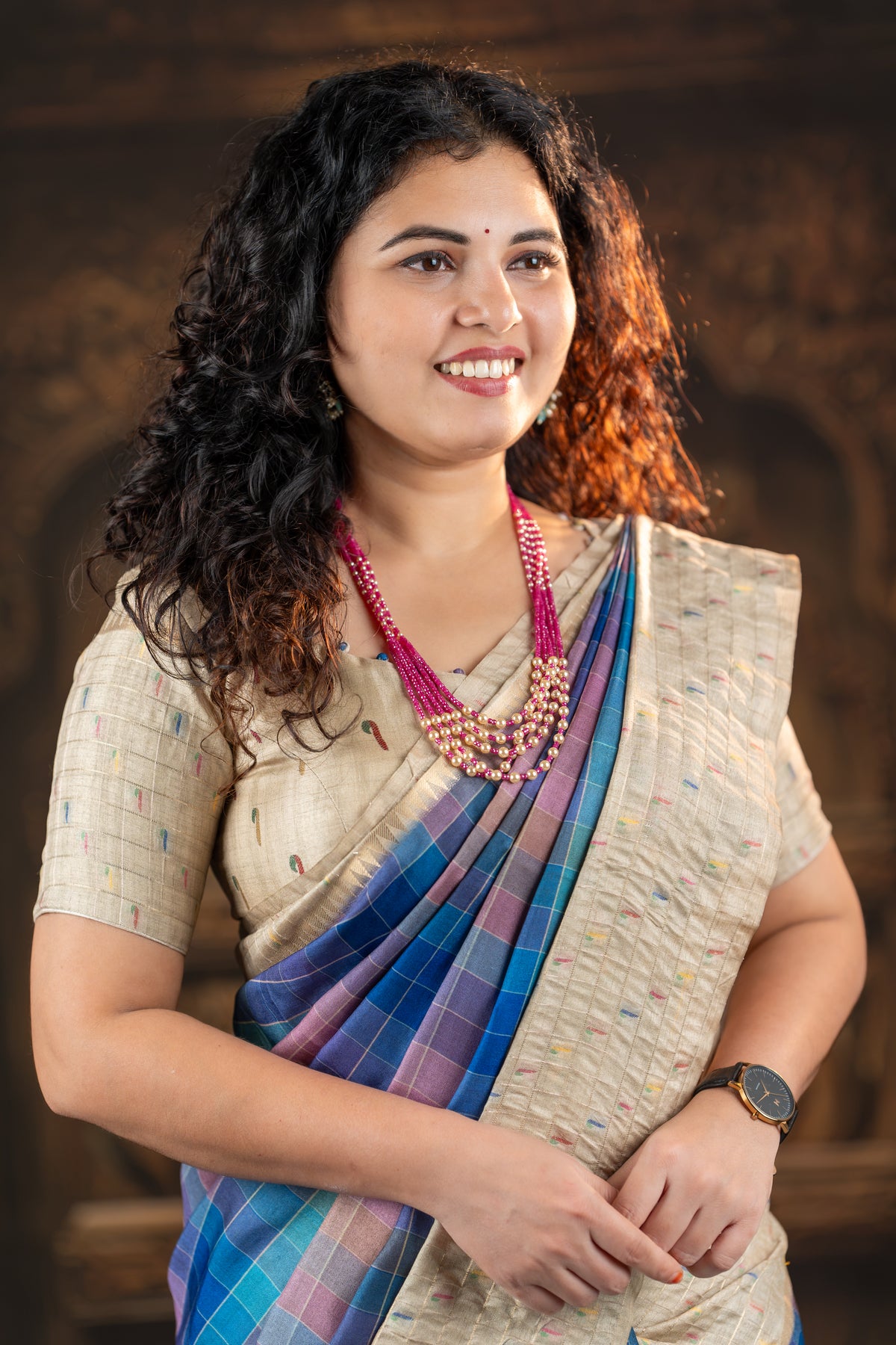 Semi Mysore Silk Saree – Multicolor Checks with Zari Border