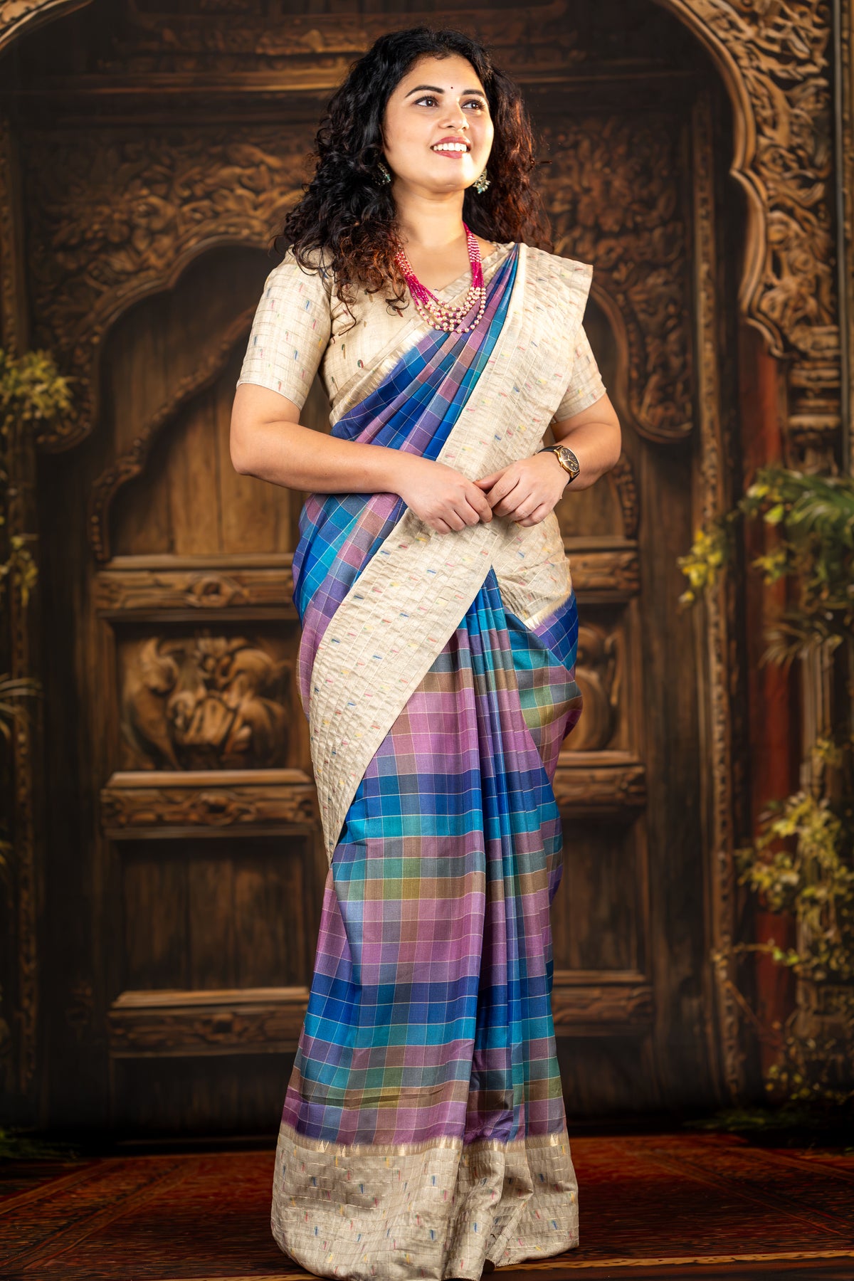 Semi Mysore Silk Saree – Multicolor Checks with Zari Border