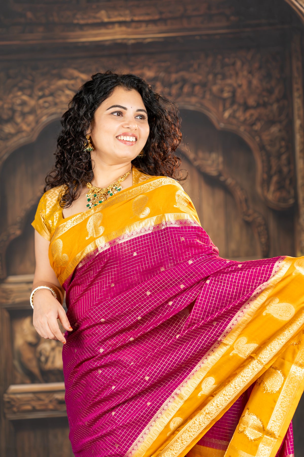 Royal Magenta & Mustard Semi Mysore Silk Saree