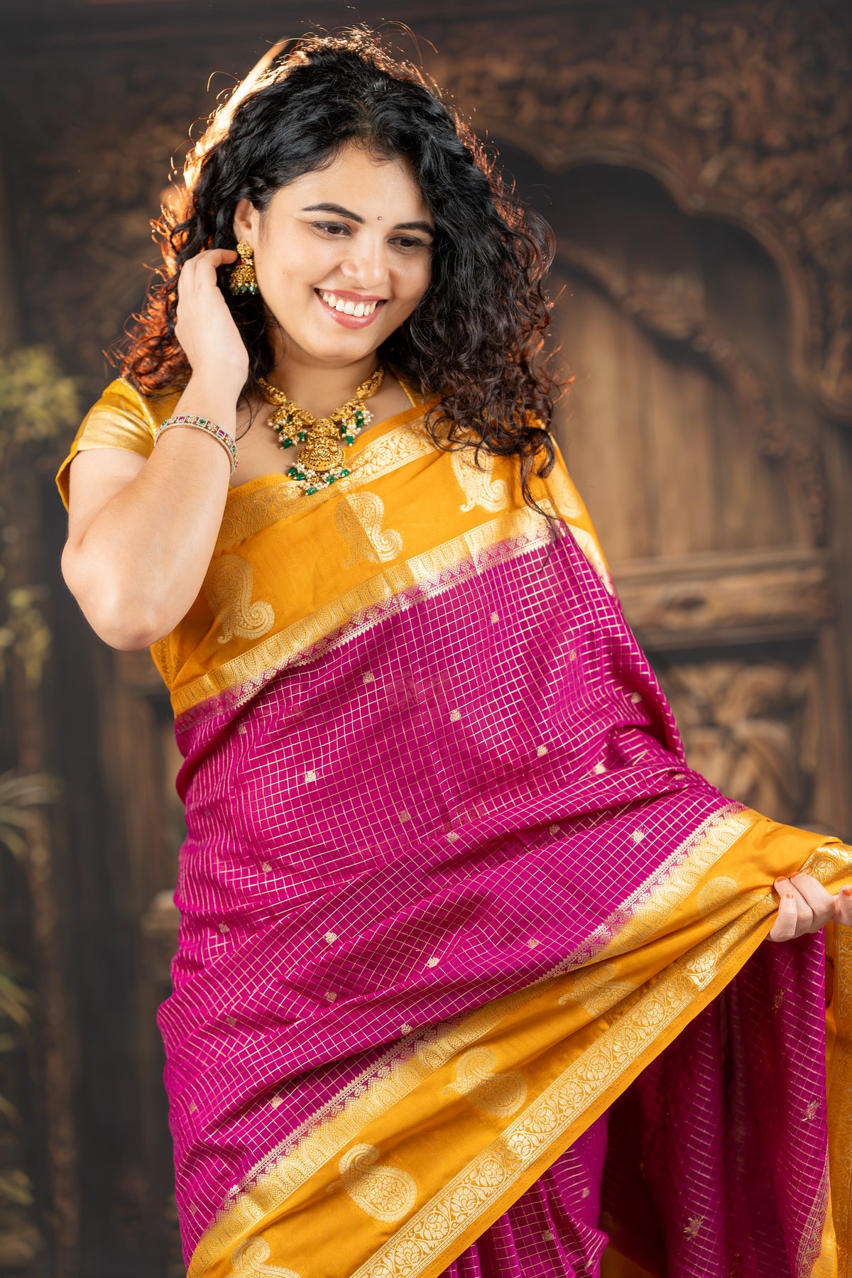 Royal Magenta & Mustard Semi Mysore Silk Saree