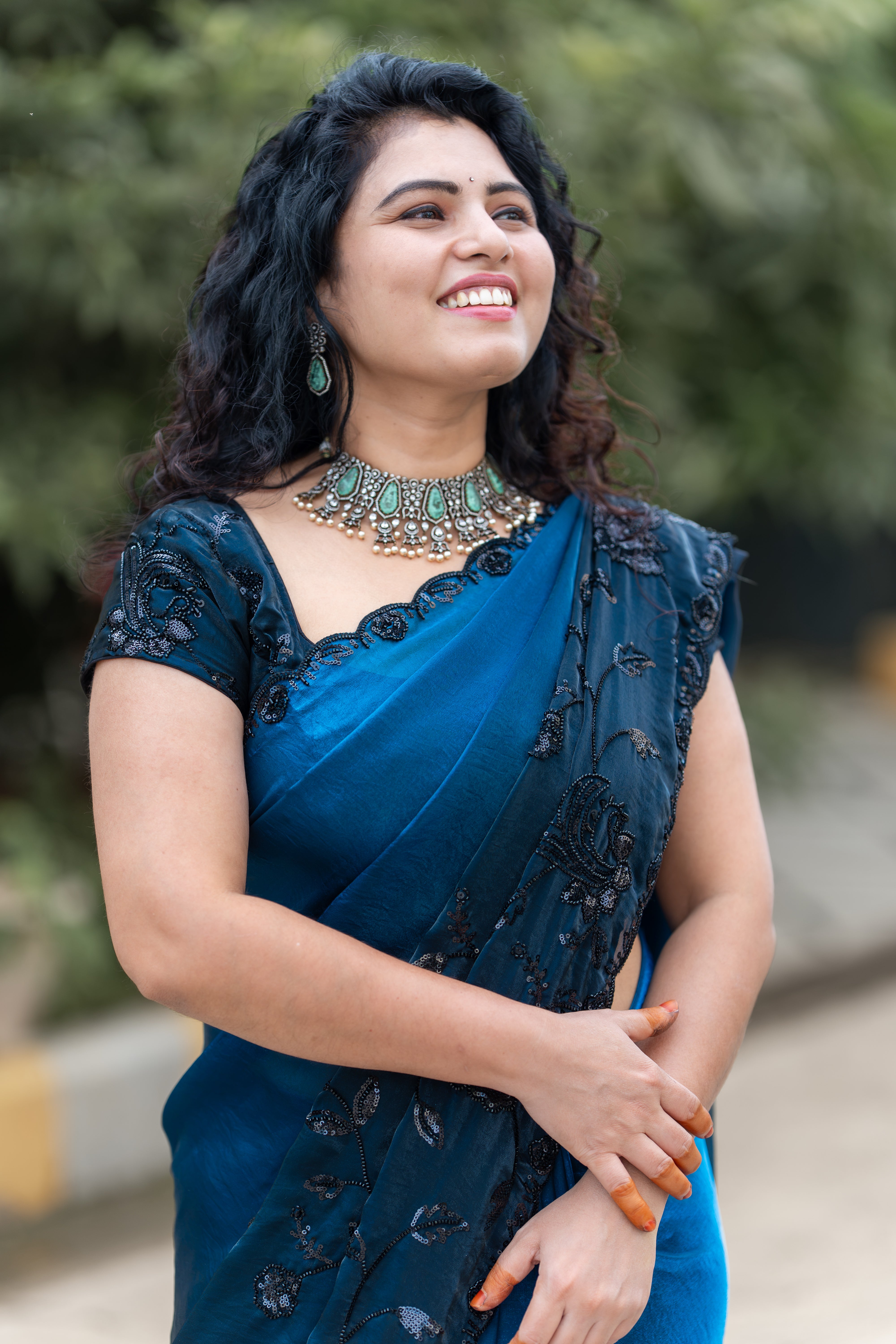 Midnight Blue Satin Organza Designer Saree