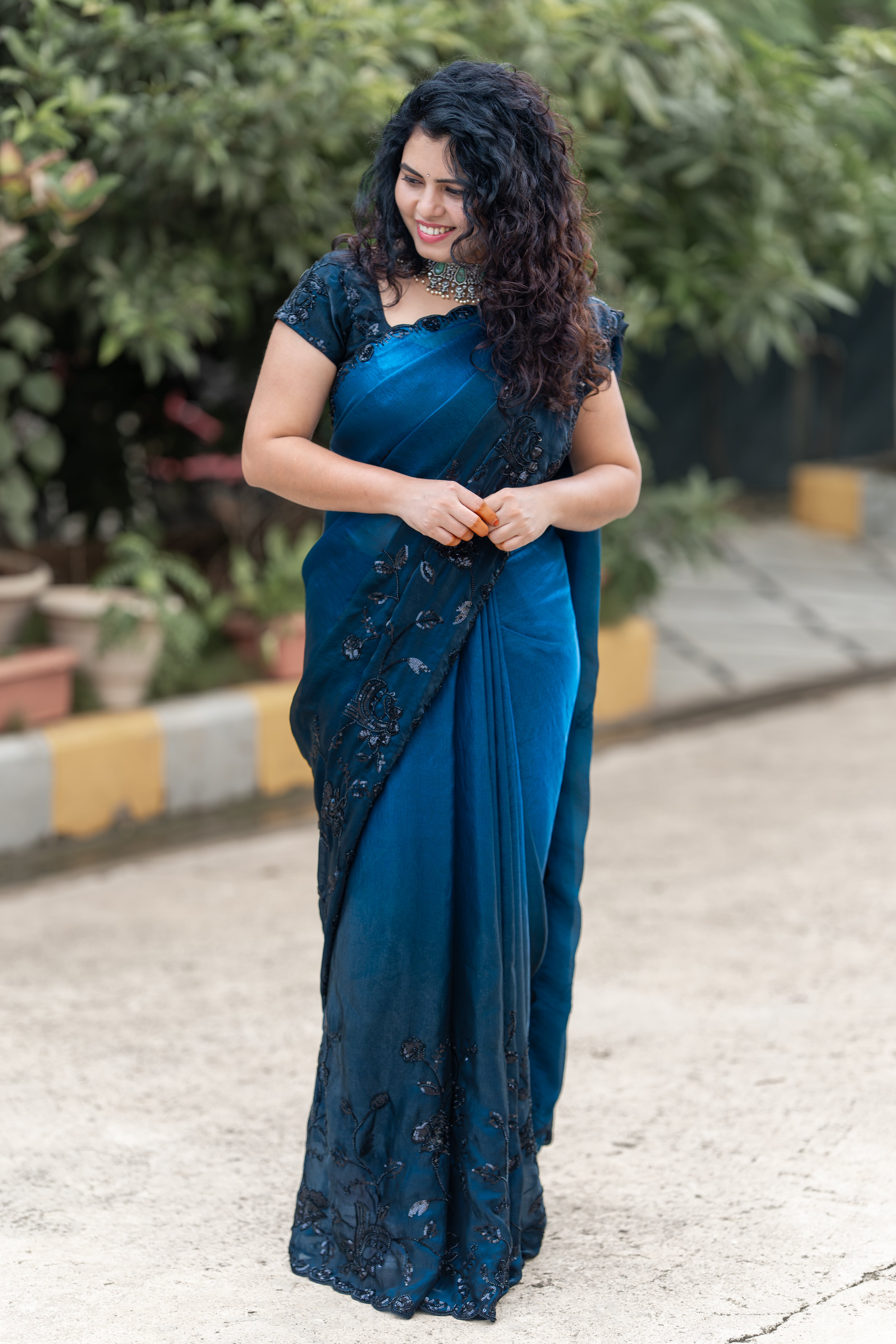Midnight Blue Satin Organza Designer Saree