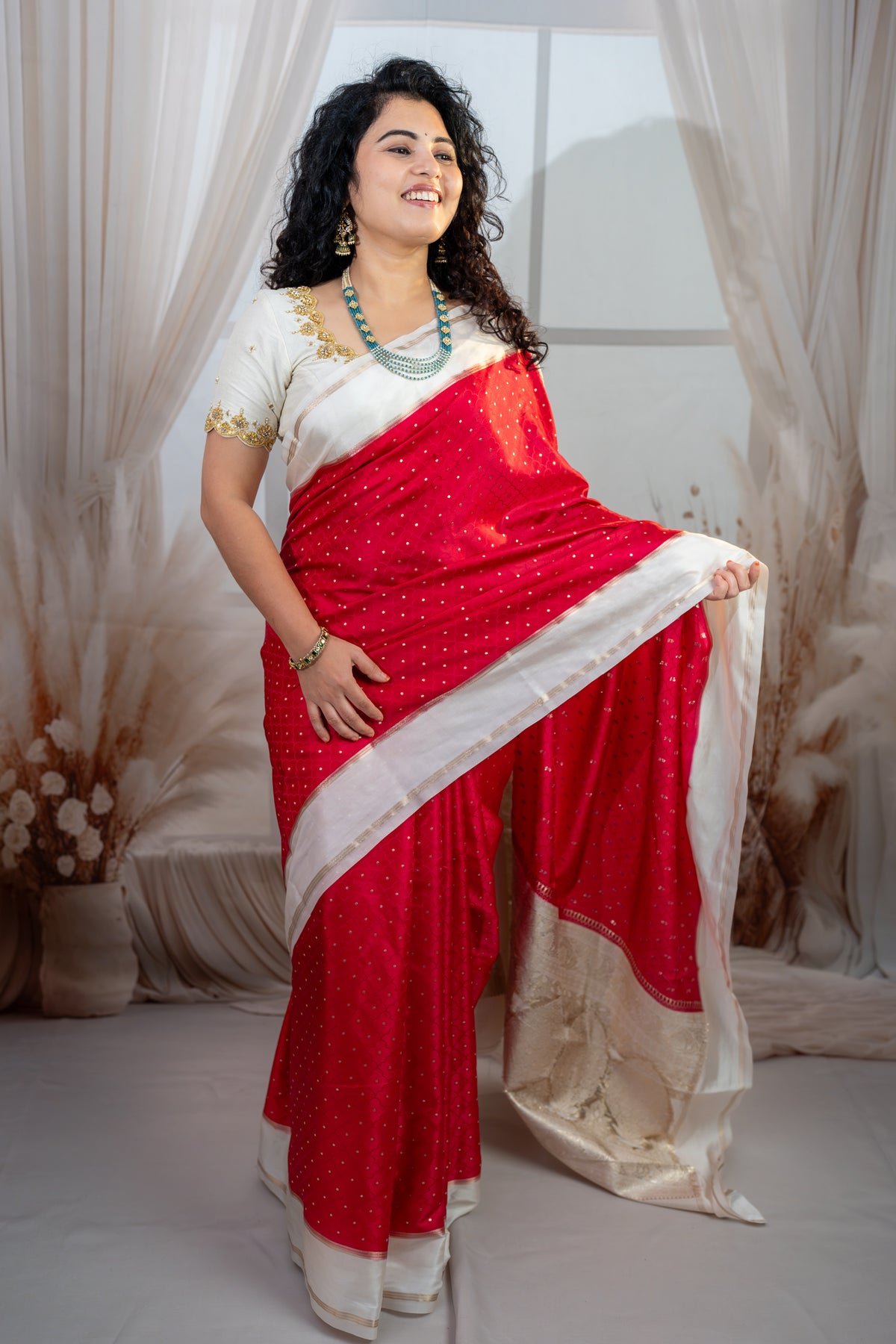 Ruby Red Semi Mysore Silk Saree – Elegant Contrast Zari Border