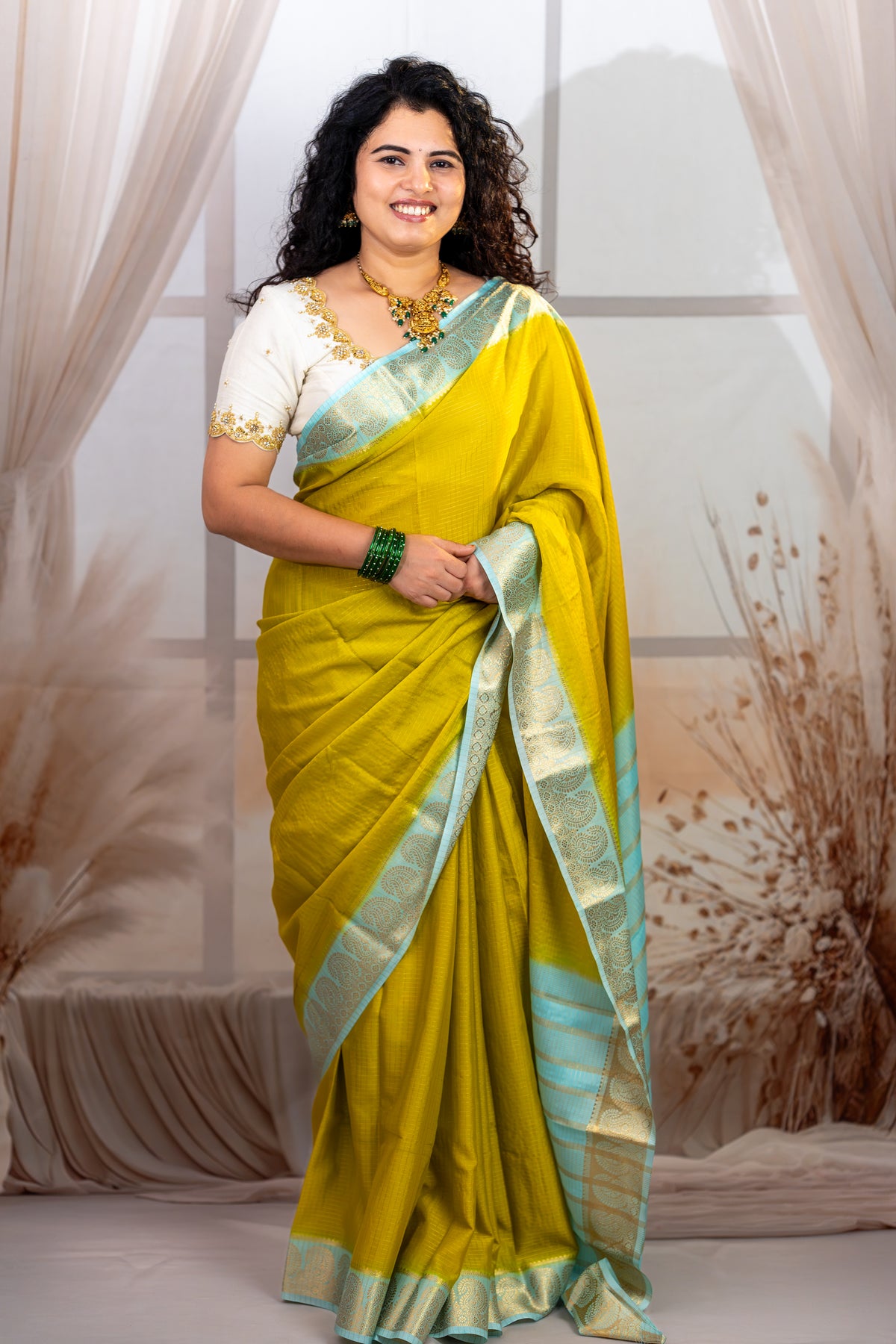 Semi Mysore Silk Saree – Mustard Yellow with Aqua Blue Zari Border