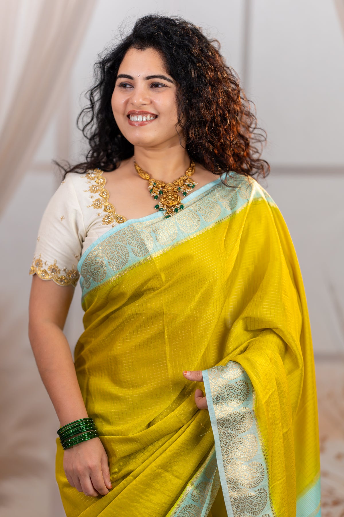 Semi Mysore Silk Saree – Mustard Yellow with Aqua Blue Zari Border