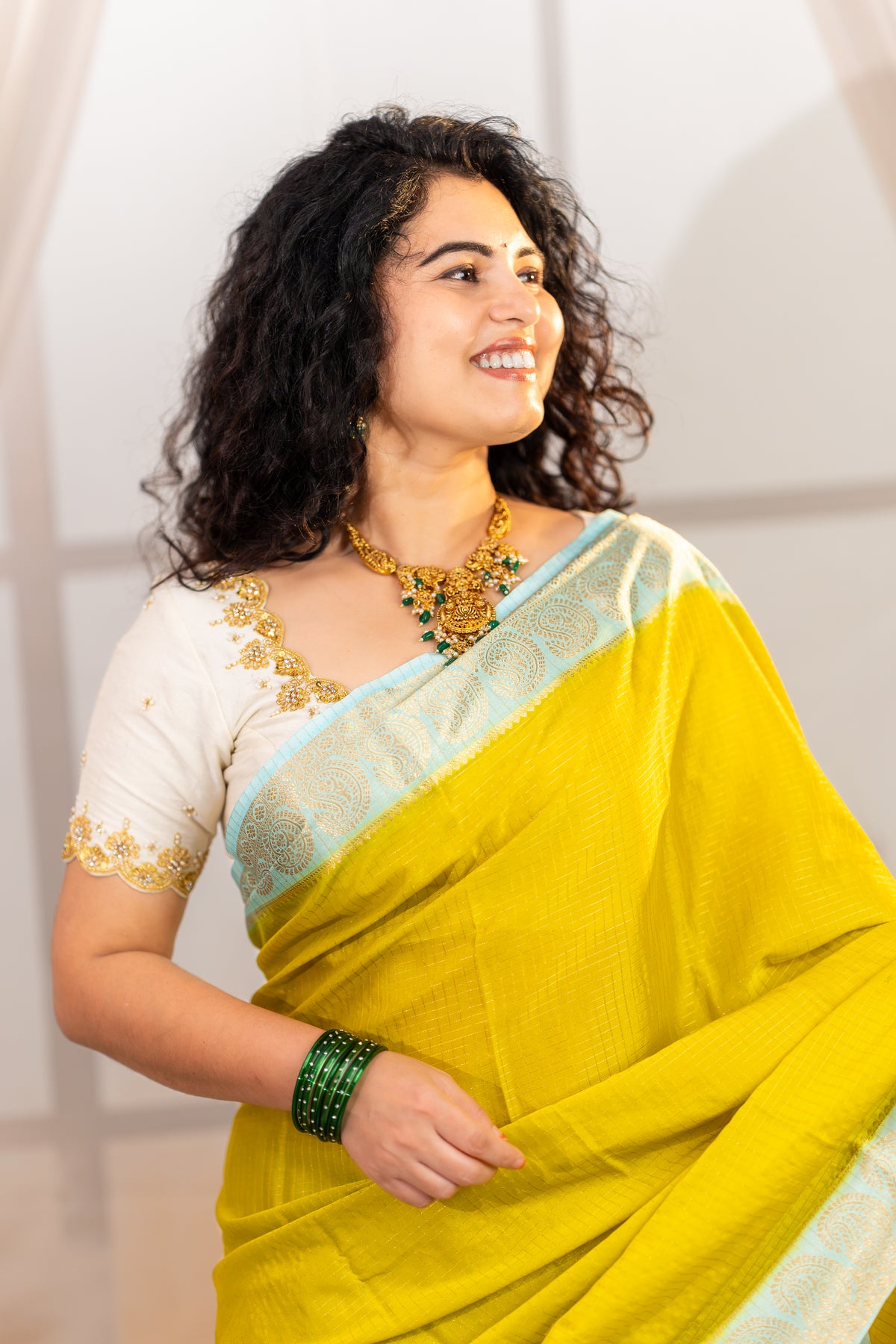 Semi Mysore Silk Saree – Mustard Yellow with Aqua Blue Zari Border