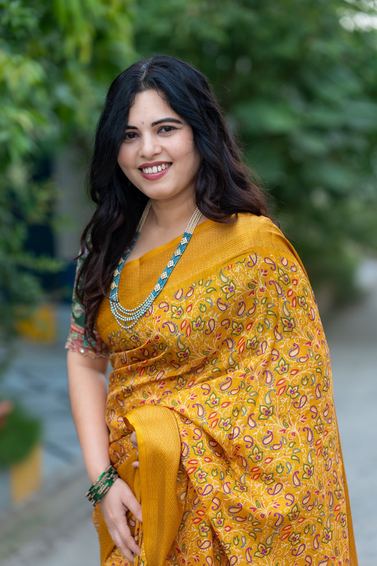 Printed Kesar Silk Saree – Elegant Mustard Yellow