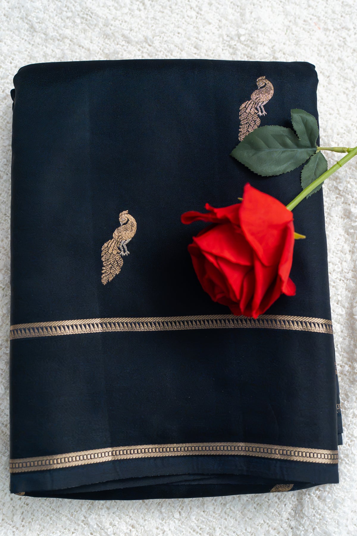 Premium Black Bangalore Silk Saree with Elegant Golden Peacock Motifs