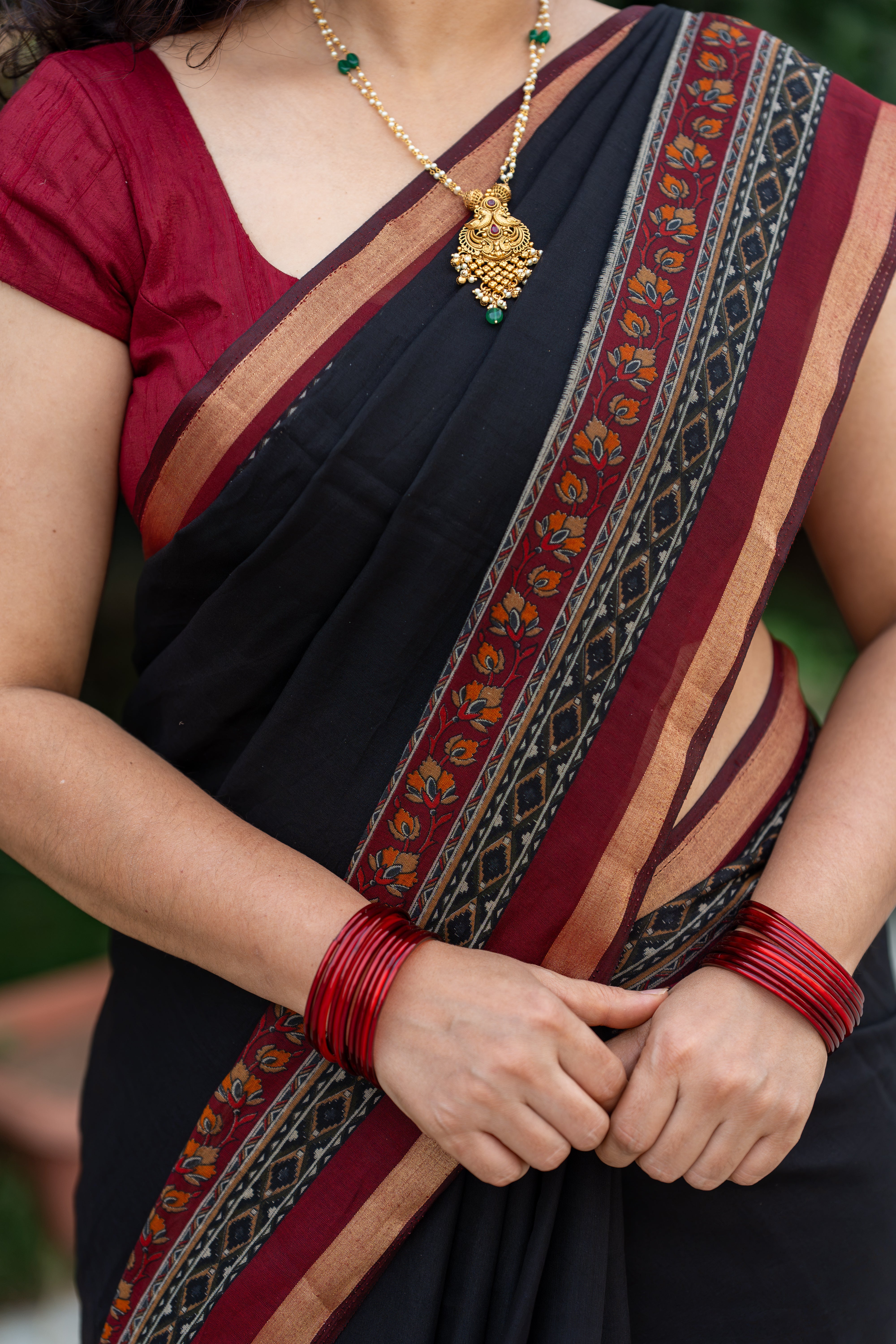 Mersried Mull Hand Block Saree- BLACK